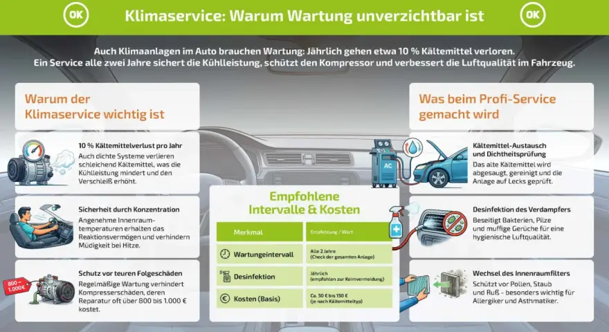 Infografik erklärt, was bedeutet AC im Auto: Klimaservice schützt vor Kältemittelverlust, sichert Konzentration & teure Reparaturen. Wartung alle 2 Jahre empfohlen.