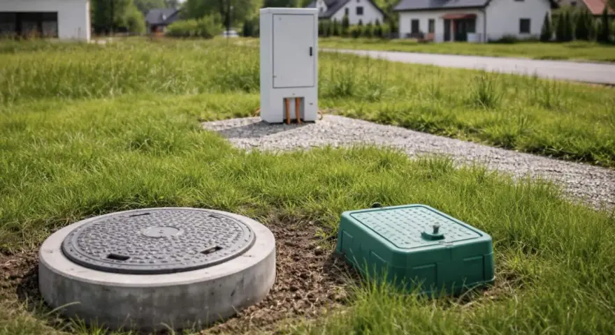 Na trawiastym podwórku widać betonowy właz i zieloną skrzynkę, a w tle białą szafę techniczną. To elementy infrastruktury, które tworzą **strefy ochronne** wokół domów.