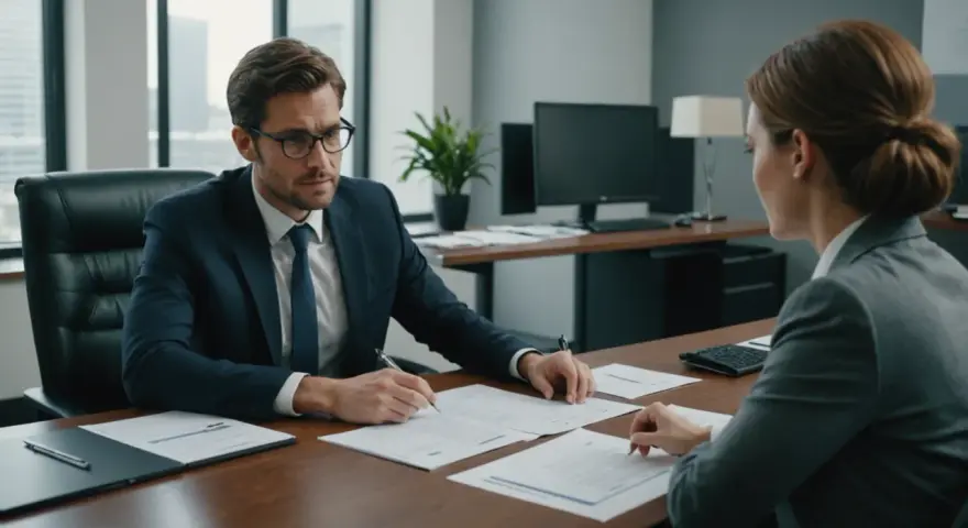 Un homme en costume signe un document, possiblement une modification du contrat de travail, face à une femme dans un bureau moderne.