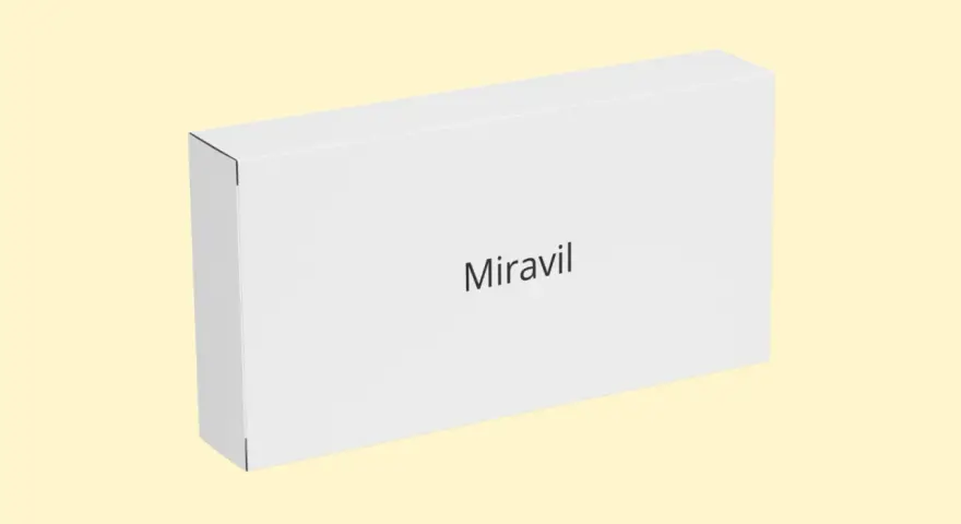 Białe pudełko z napisem "Miravil" na jasnym, żółtym tle.