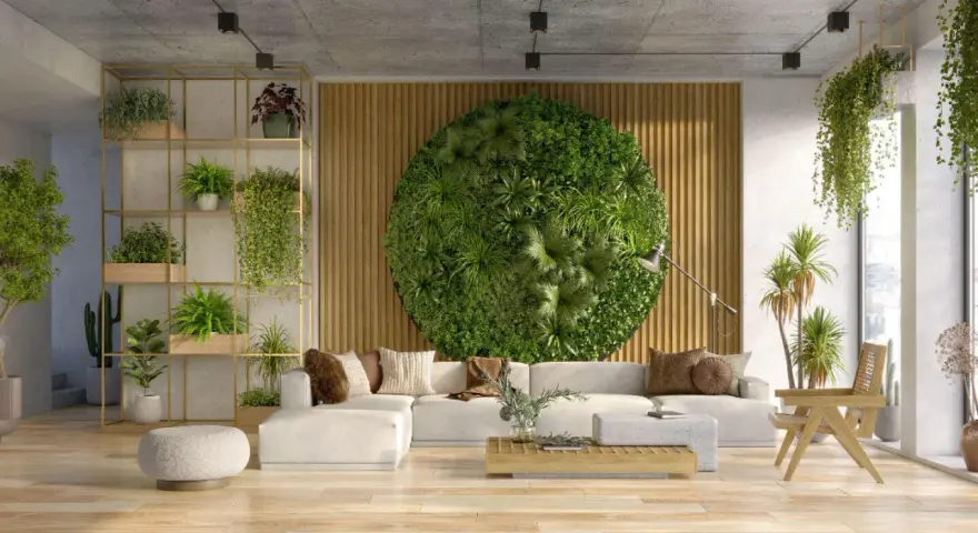 Un salon moderne avec un mur végétal circulaire, une étagère remplie de plantes et des suspensions. Une excellente idée déco plante interieur pour un espace zen.