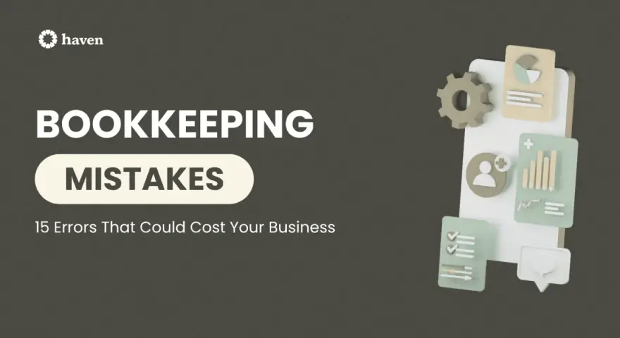 Bookkeeping mistakes can be costly. This graphic highlights common errors with icons representing data, checklists, and user profiles.