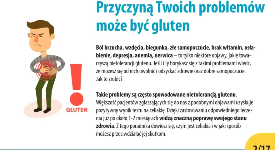 Ilustracja przedstawia mężczyznę z bólem brzucha, symbolizującym objawy nietolerancji glutenu.