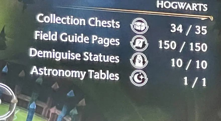 Pantalla de menú de Hogwarts Legacy mostrando el progreso de los cofres de colección, páginas de guía de campo, estatuas de desilusión y mesas de astronomía.