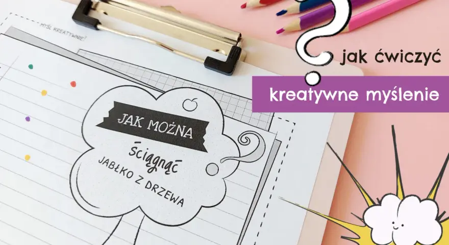 Ćwiczenia na kreatywne myślenie dla dzieci: "Jak można ściągnąć jabłko z drzewa?". Kolorowe kredki i chmurka z buźką zachęcają do zabawy.