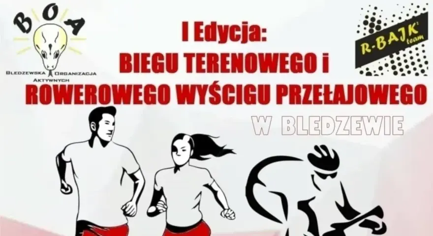 I Edycja Biegu Terenowego i Rowerowego Wyścigu Przełajowego w Błędzewie. Biegi wchodzą z oporem, ale determinacja zawodników jest widoczna.