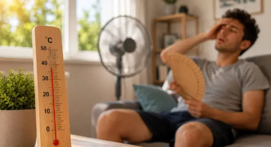 Termometro segna alta temperatura. Uomo accaldato cerca sollievo con ventaglio e ventilatore, mostrando come rinfrescare casa.