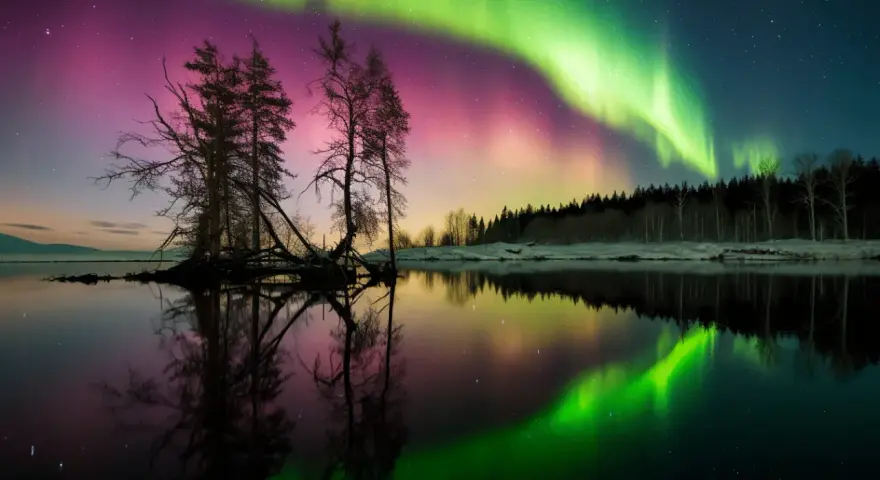 Une aurore boréale spectaculaire illumine le ciel de verts et de roses au-dessus d'un lac calme reflétant le paysage et les arbres dénudés.