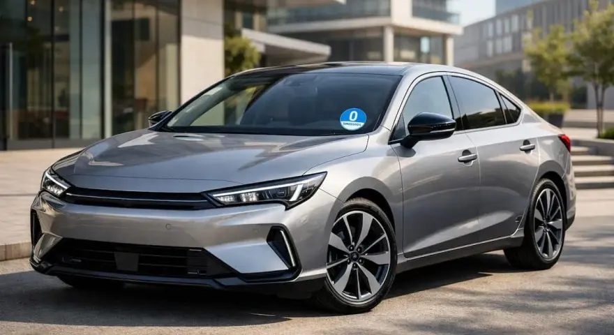 Sedán plateado moderno, un ejemplo de que es un coche eco, con diseño aerodinámico y llantas deportivas.