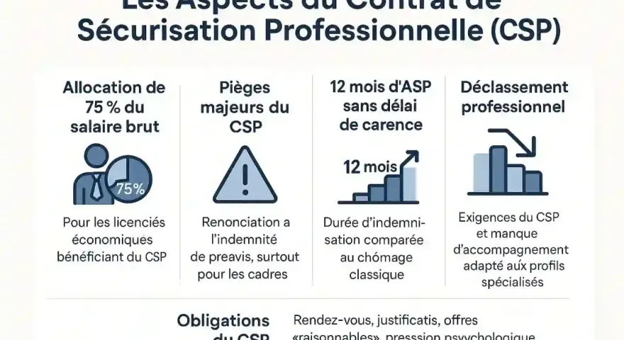 Infographie sur le CSP : allocation 75%, pièges majeurs (renonciation indemnité), 12 mois d'ASP sans carence, déclassement professionnel, obligations.