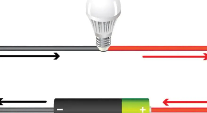 Schemat obwodu elektrycznego z żarówką i baterią. Strzałki wskazują przepływ prądu, ilustrując napięcie w sieci.