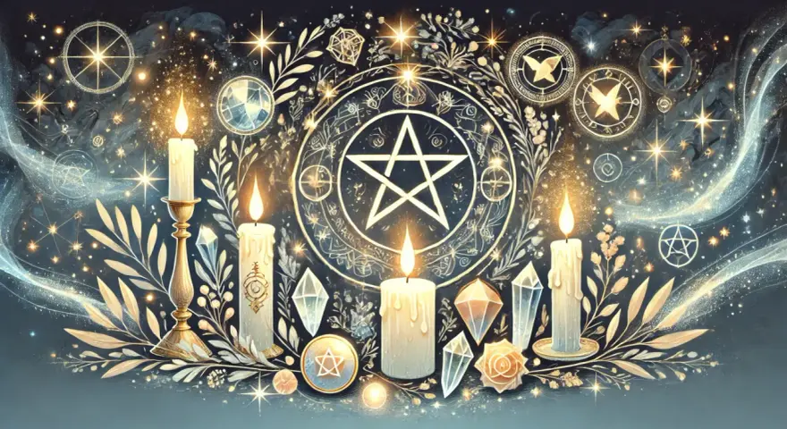 Płonące świece, kryształy i pentagram na tle magicznych symboli i gwiazd.