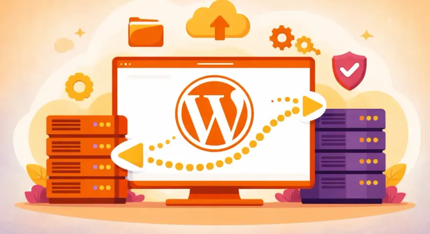 Illustration d'un ordinateur affichant le logo WordPress, entouré de serveurs et d'icônes de cloud, symbolisant la gestion et le **changer thème WordPress**.