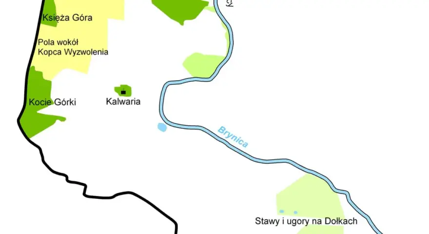 Mapa pokazuje okolice, gdzie leżą Tarnowskie Góry: Księżą Górę, Kalwarię, Kocie Górki i rzekę Brynicę.