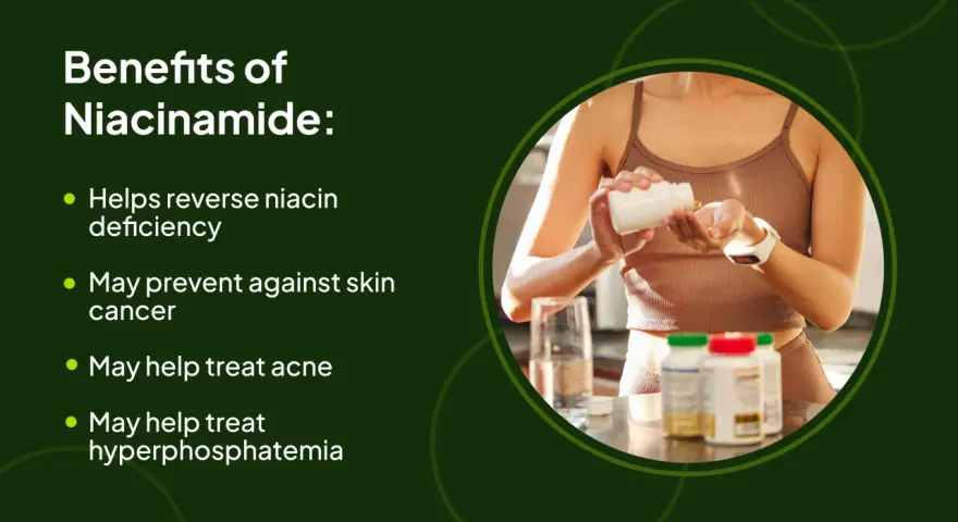 Fördelar med niacinamid: hjälper mot niacinbrist, kan skydda mot hudcancer, kan behandla akne. B vitamin niacin är viktigt.