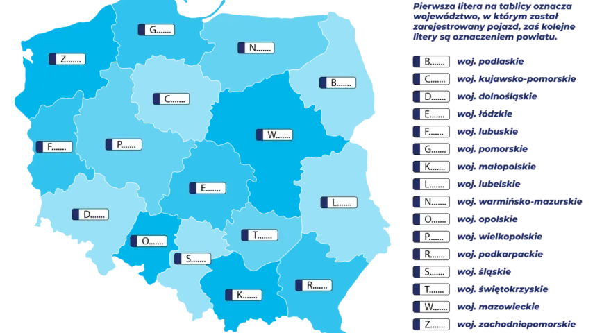 Mapa Polski z oznaczeniami województw i powiatów, klucz do ksu rejestracja.