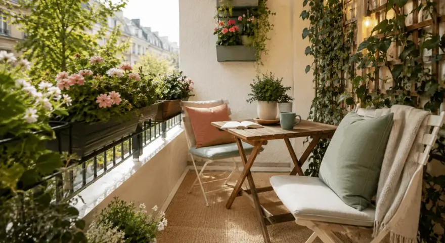 Un angolo relax con fiori colorati, un tavolino e sedie, perfetto per ispirare idee balconi arredati con stile e natura.