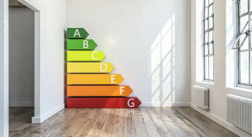 Étiquette énergétique A-G dans une pièce vide. La jurisprudence sur l'absence de DPE en location est un sujet important pour les propriétaires.