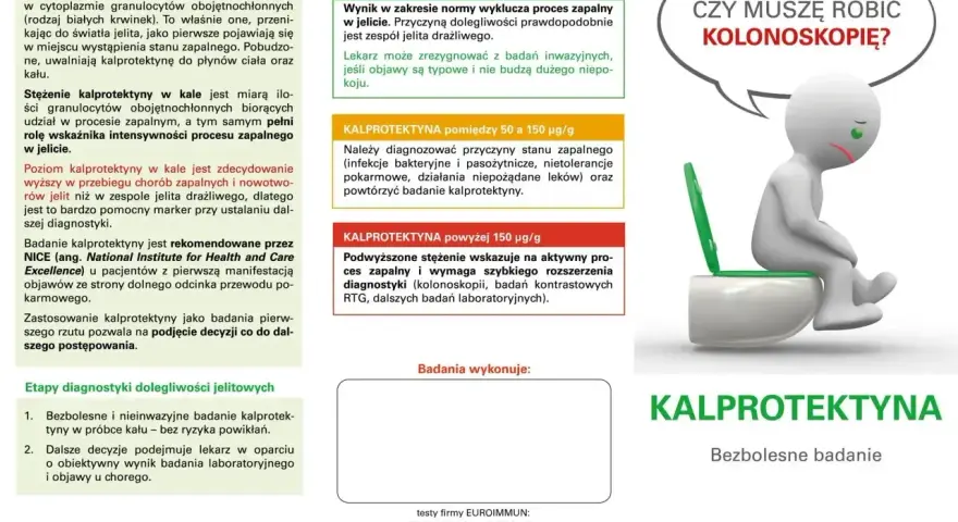 Badanie kalprotektyny w kale: bezbolesny marker stanu zapalnego jelit, pomocny w diagnostyce i unikaniu kolonoskopii.