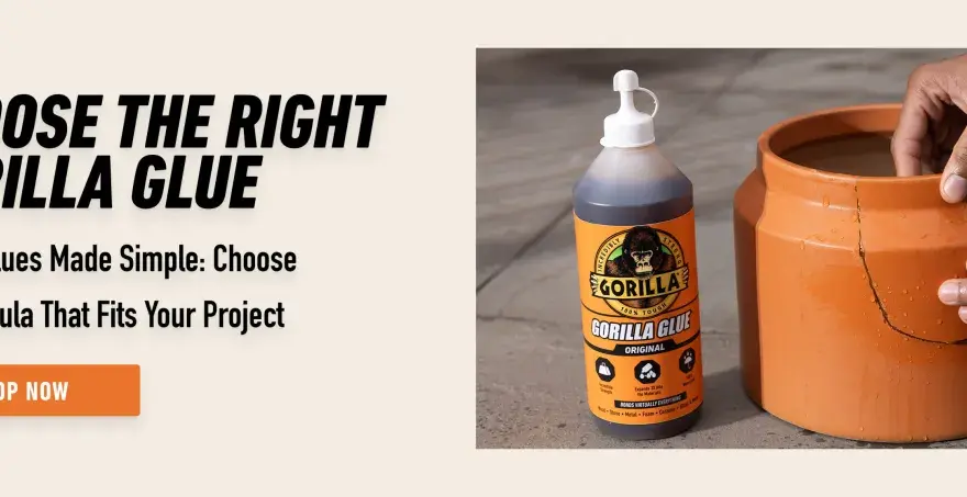 A bottle of Gorilla Glue Original sits next to a cracked terracotta pot being held by hands, illustrating common uses for repairing household items.