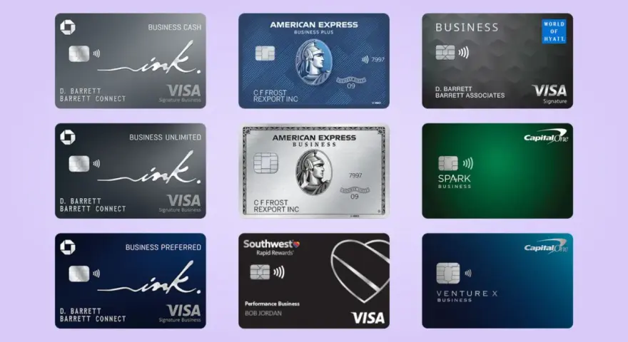 A collage of business credit cards, showcasing options for how u.s. startups get credit cards, including Chase Ink, Amex, Capital One Spark, and Southwest cards.