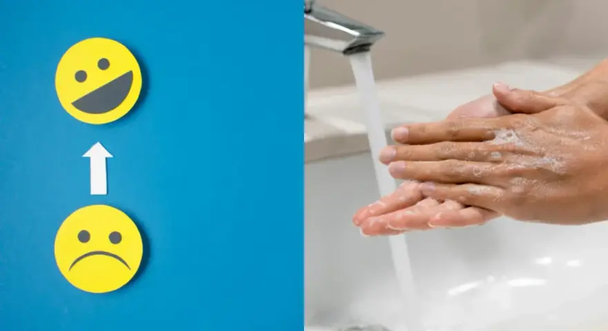Två gula smiley-ansikten, ett ledsamt och ett glatt, med en pil emellan. Till höger tvättas händer med tvål under rinnande vatten. Kan symbolisera hur man hanterar intrusive thoughts svenska.