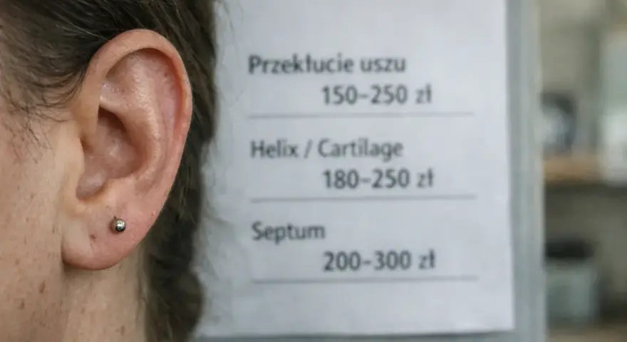 Cennik przekłuć: ucho 150-250 zł, helix 180-250 zł, septum 200-300 zł.