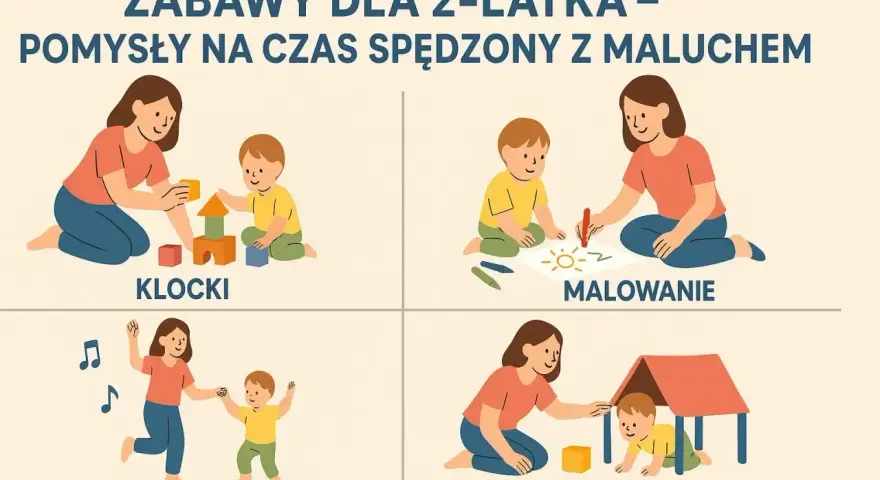 Mama i 2-letnie dziecko budują wieżę z klocków, malują słońce, tańczą i pokonują tor przeszkód.