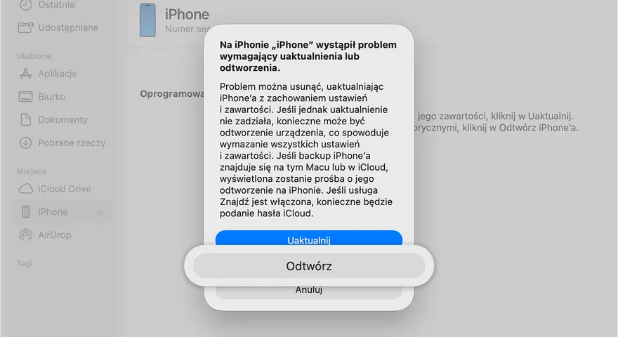 Komunikat o błędzie na iPhonie, który wymaga uaktualnienia lub odtworzenia. Aby rozwiązać problem, kliknij "Uaktualnij" lub "Odtwórz", aby odblokować iPhone'a.