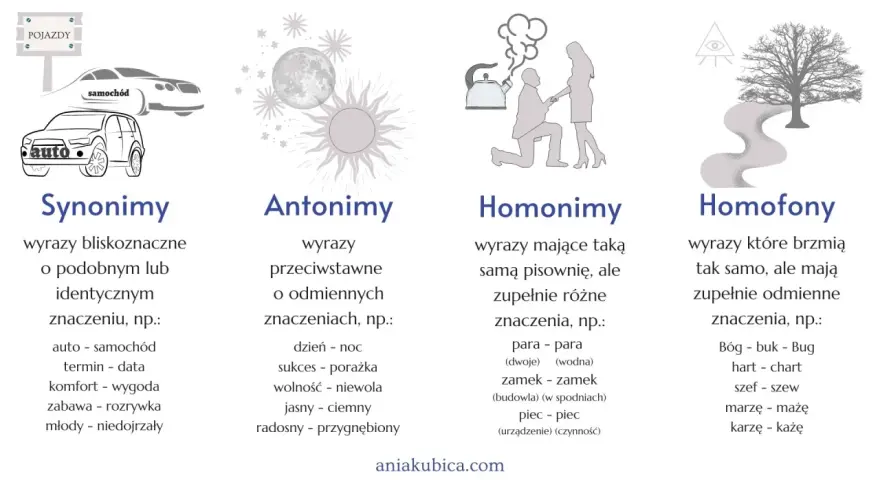 Ilustracja przedstawia cztery kategorie językowe: synonimy, antonimy, homonimy i homofony. Antonymy to wyrazy o przeciwnych znaczeniach, jak dzień i noc.