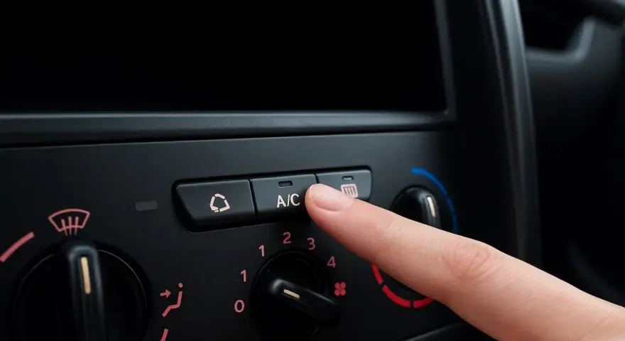 Finger presses the A/C button on a car's climate control panel, ready to activate the car air conditioning for a cool ride.