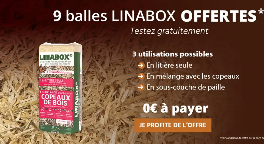 Un sac de litière de lin LINABOX, idéal pour les chevaux. Offre spéciale : 9 balles offertes pour tester cette litière écologique.