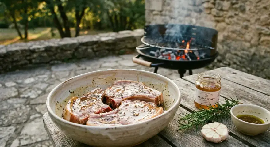 Côtes de porc marinées, prêtes pour le barbecue. Un pot de miel artisanal, du romarin et de l'ail complètent la scène.