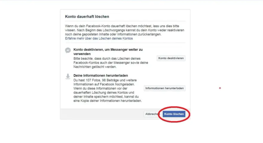 Facebook-Seite mit Optionen zum dauerhaften Löschen oder Deaktivieren des Kontos und zum Herunterladen von Daten.