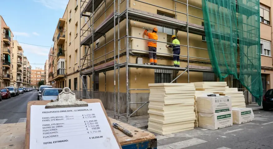 Presupuesto de obra SATE: dos trabajadores instalan aislamiento térmico en fachada. Materiales apilados y presupuesto detallado.