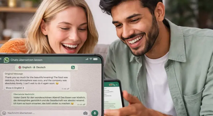Ein Paar lacht, während es eine WhatsApp-Nachricht auf Deutsch liest. Sie schätzen die einfache Kommunikation, die ihnen die deutsche Sprache ermöglicht.