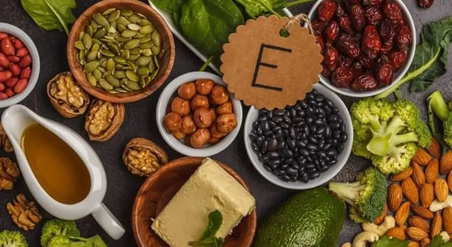 Assortiment d'aliments riches en vitamine E : amandes, noisettes, épinards, avocat, haricots noirs, graines de courge, et huile.