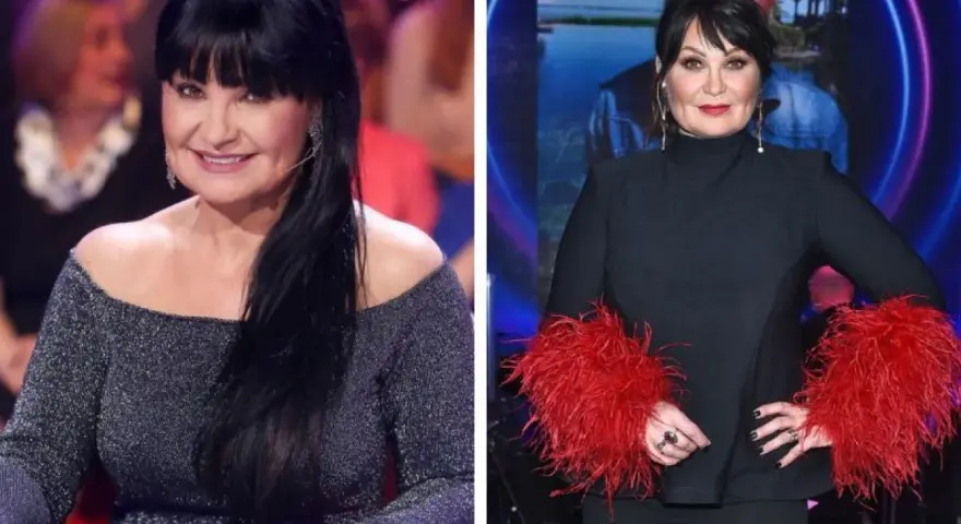 Iwona Szymańska-Pavlović w błyszczącej sukni i czarnej kreacji z piórami.