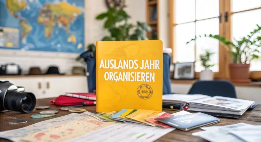 Ein Buch "Auslandsjahr organisieren" liegt auf einem Tisch mit Reisepässen, Karten und einer Kamera. Perfekt für die Planung des nächsten Abenteuers!