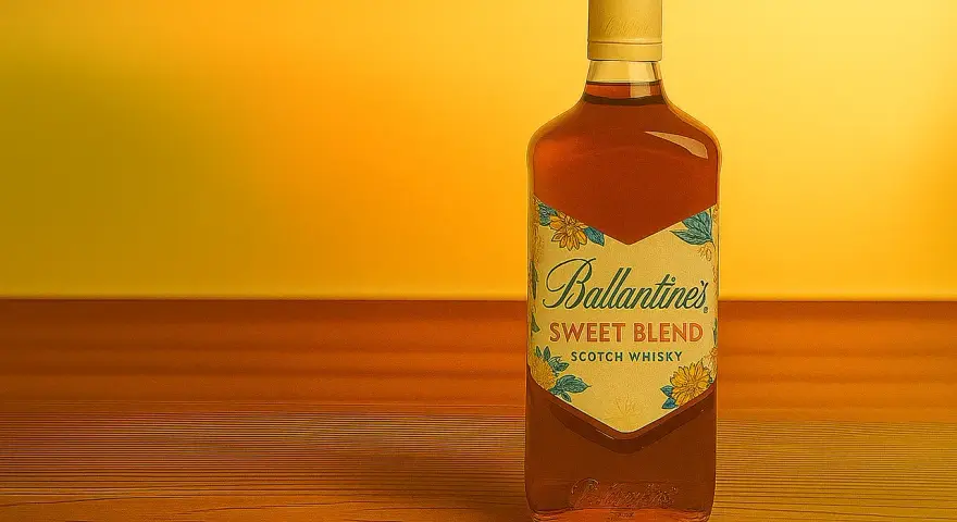 Butelka Ballantines Sweet Blend na drewnianym blacie, w tle ciepłe, żółte światło.