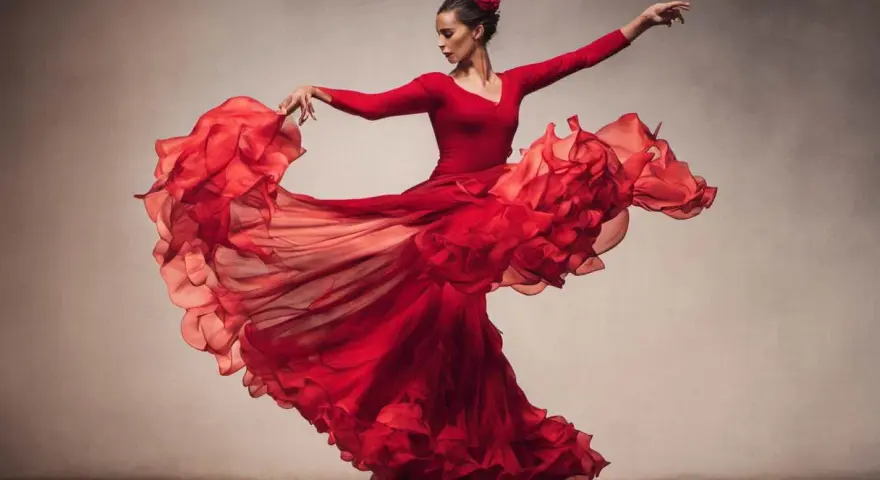 Tancerka w czerwonej sukni wiruje w rytm flamenco, jej strój faluje niczym płomienie.