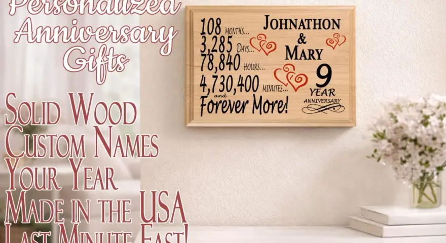Drewniana tabliczka z napisem "9 Year Anniversary" dla Johnathona i Mary.