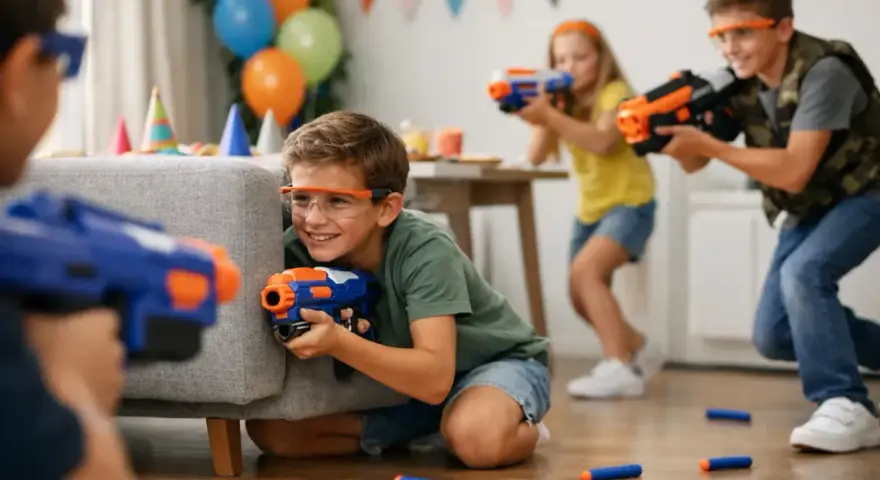 Barn med skyddsglasögon och leksakspistoler gömmer sig bakom en soffa, redo för små uppdrag till barn. Ballonger och girlanger i bakgrunden.