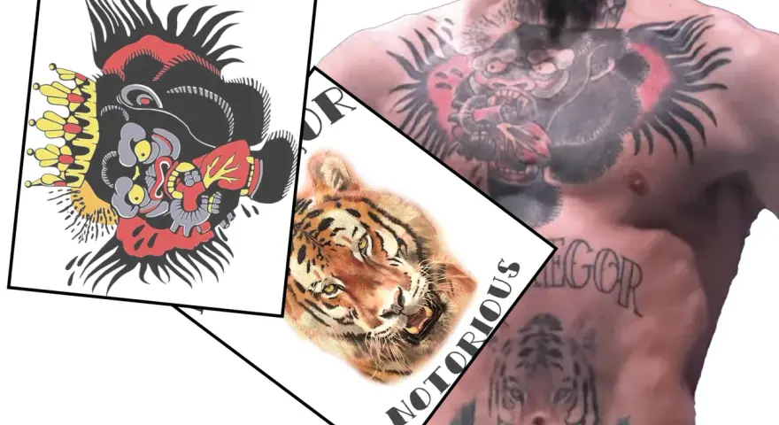 Stylizowany tatuaż mma z głową goryla i tygrysem, obok tatuaż z napisem "NOTORIOUS" i tygrysem na klatce piersiowej.