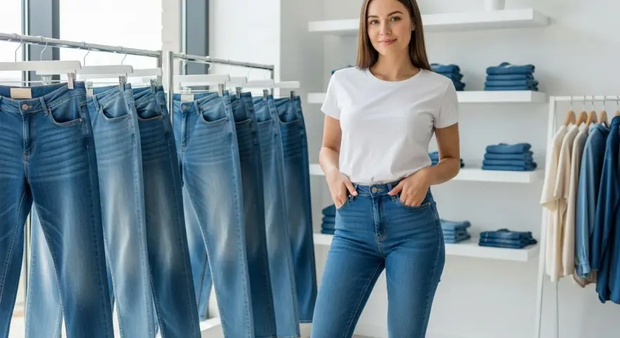 Kobieta w białej koszulce i jasnych jeansach stoi obok wieszaków z różnymi modelami jeansów. Idealny przykład, co pasuje do jasnych jeansów.