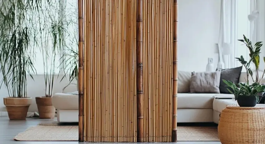 Un separador de bambú en casa, aportando un toque natural y cálido al salón.