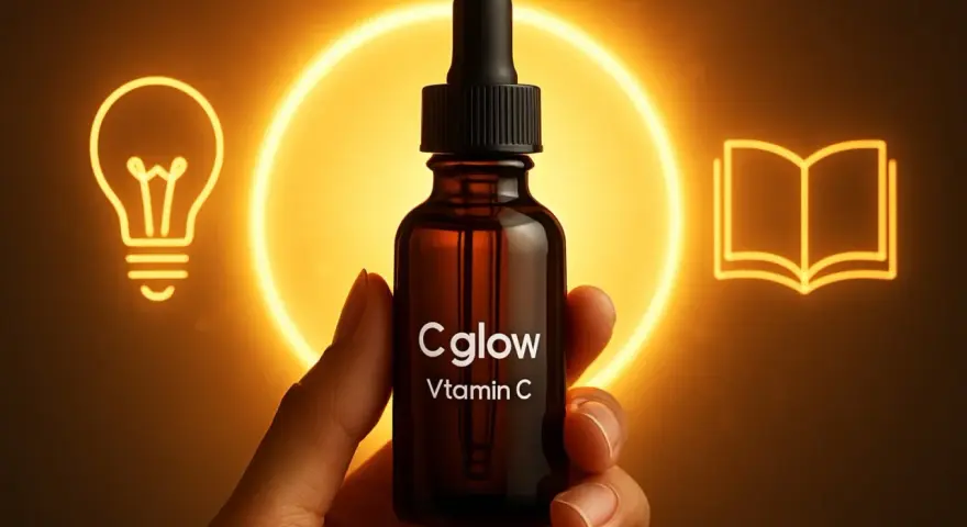 En hand håller en flaska Cglow Vitamin C. En glödlampa och en öppen bok lyser upp bakgrunden. Perfekt för att lära sig om att dricka askorbinsyra.
