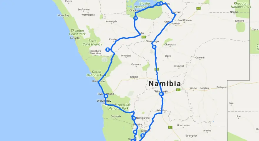 Trasa wycieczki do Namibii: od wybrzeża przez parki narodowe Etosza i Dorob, aż po pustynne tereny.