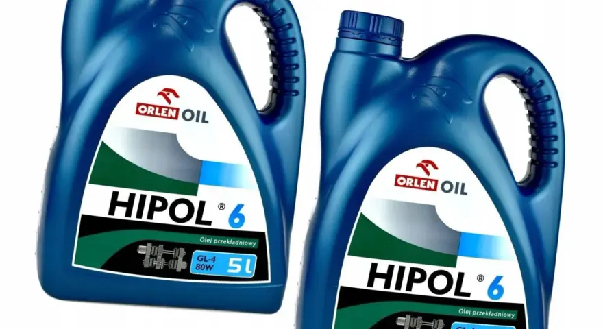 Dwie niebieskie bańki oleju przekładniowego HIPOL 6, każdy po 5 litrów, z logo Orlen Oil.