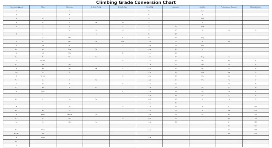 Übersicht der Klettergrade: eine klettergrade tabelle vergleicht verschiedene Schwierigkeitsskalen.
